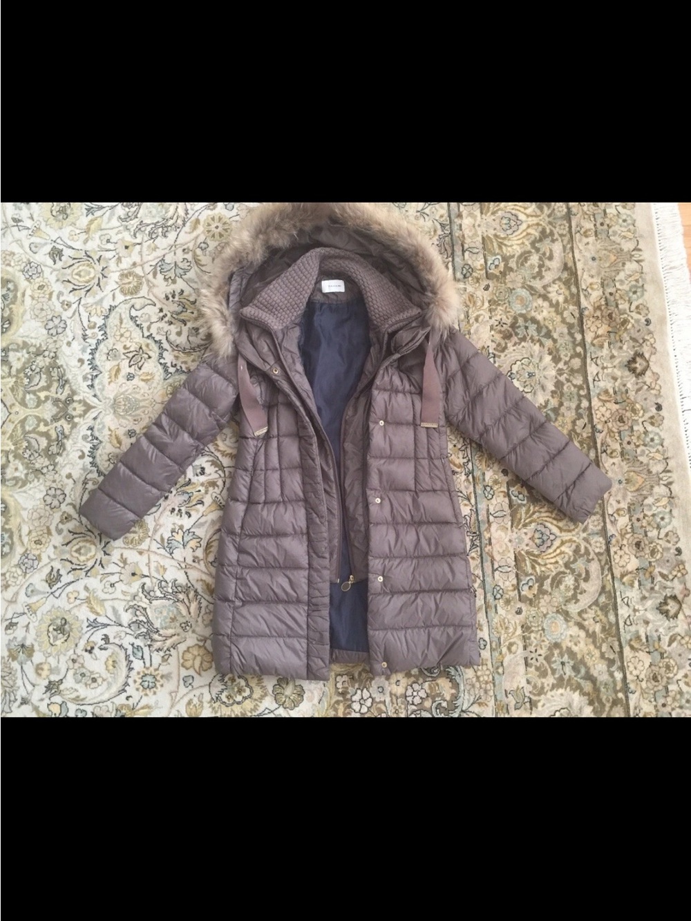 Tahari down puffer coat Jacket real raccoon fur s small Brown taupe